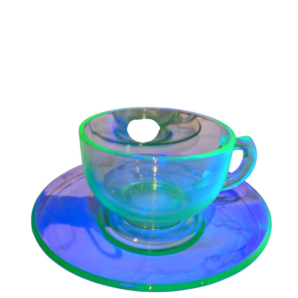 Vintage Uranium depression vaseline glass 4 sets teacups & plates UV glowing lot - Picture 4 of 10